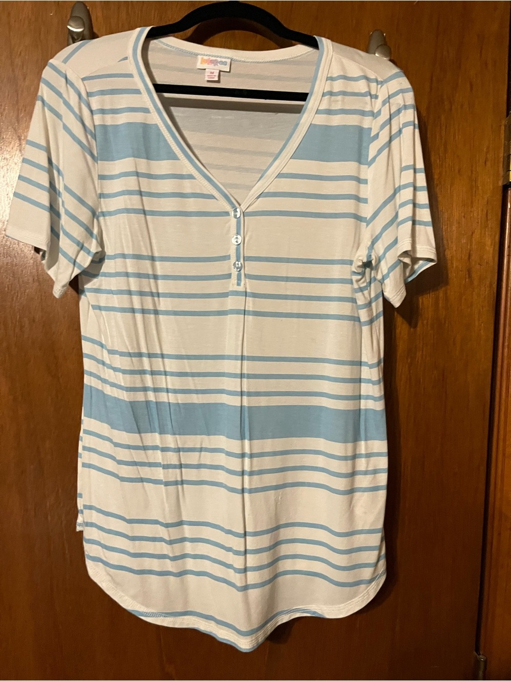 LuLaRoe Short Sleeve V-Neck Stripe Tee in Light Blue and White
